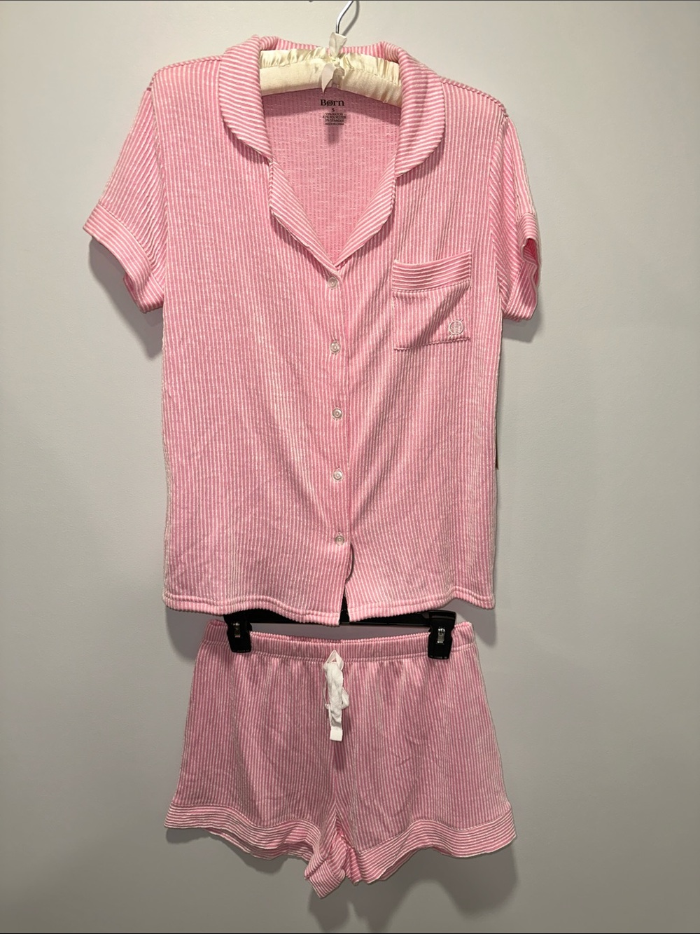 BORN Soft Pink White Stripe Short Sleeve Button Notched Collar Shorts PJ Set